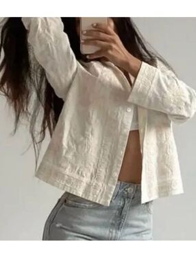 ZARA Embroidered Linen Blend Button Front Overshirt Jacket Cream   Medium NWT